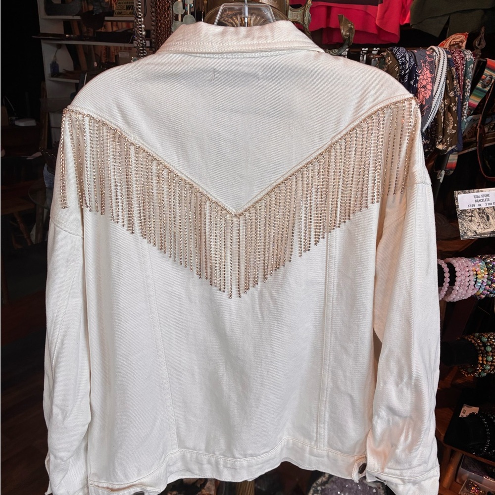 Fringe-Trim White Denim Jacket - Women - Picture 3 of 3